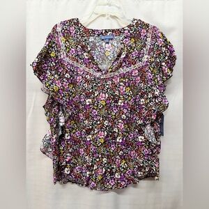 DEMOCRACY MULTICOLOR FLORAL BUTTERFLY SLEEVE V NECK PULLOVER TOP SZ XL NWT